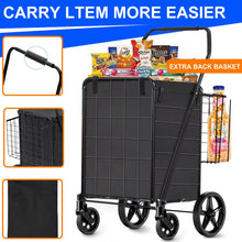 Black folding shopping cart with removable basket and rear wire basket