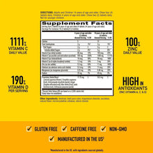 Supplement Facts label for chewable vitamin C and zinc with dietary badges