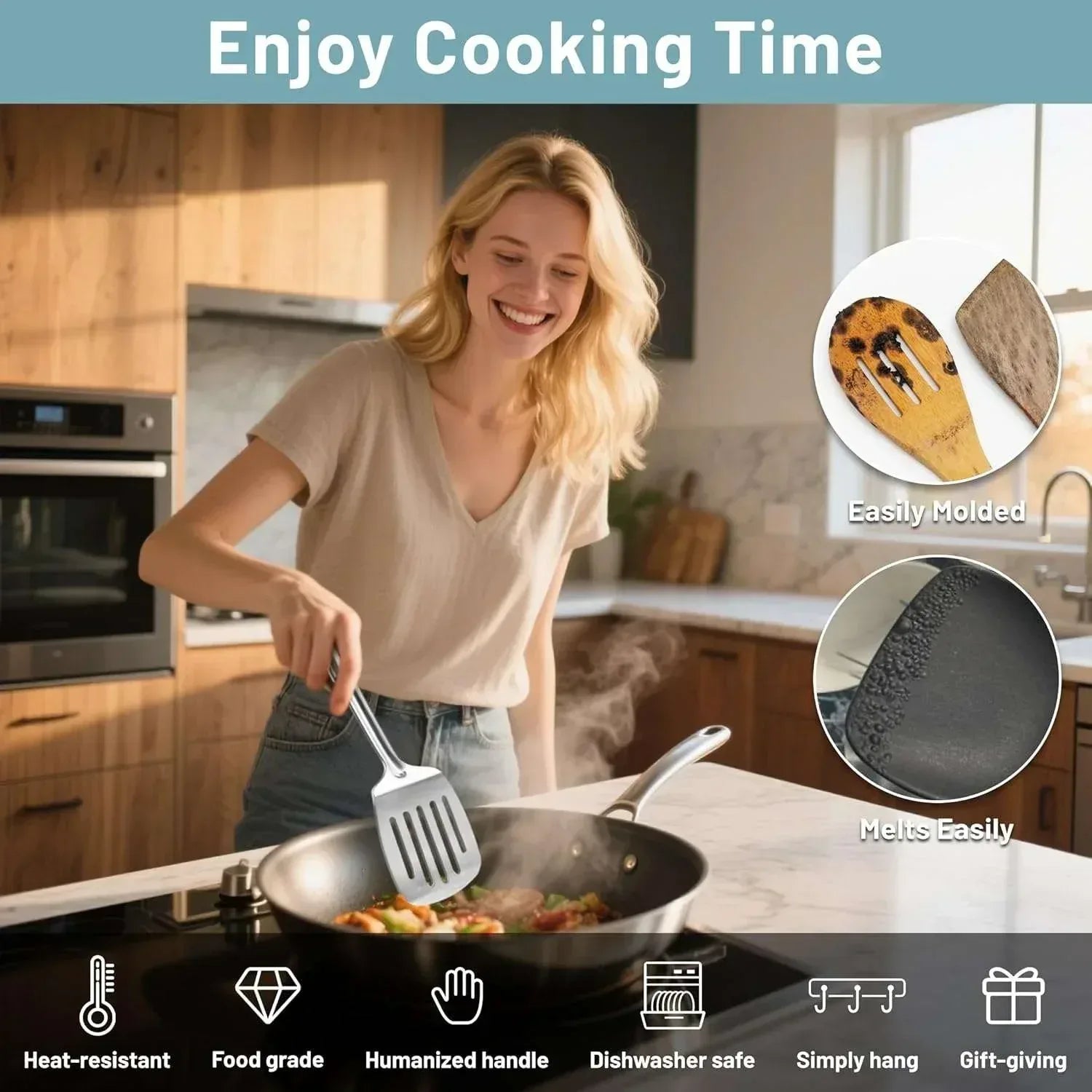 Mirdinner Cooking Utensils Set, 9 Pcs Stainless Steel Kitchen Utensils Set, Kitchen Tools Set, Spatula Sets w Utensil Holder, Wok Spatula,Ladle,Egg Whisk,Non-Stick And Heat Resistant, Dishwasher Safe