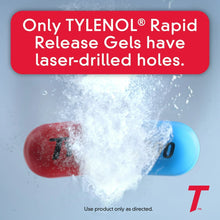 Tylenol Rapid Release gels gelcaps with burst water graphic and laser-drilled holes text