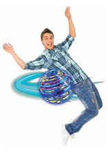 Playtime scene with a child jumping and a floating ball toy spinning nearby