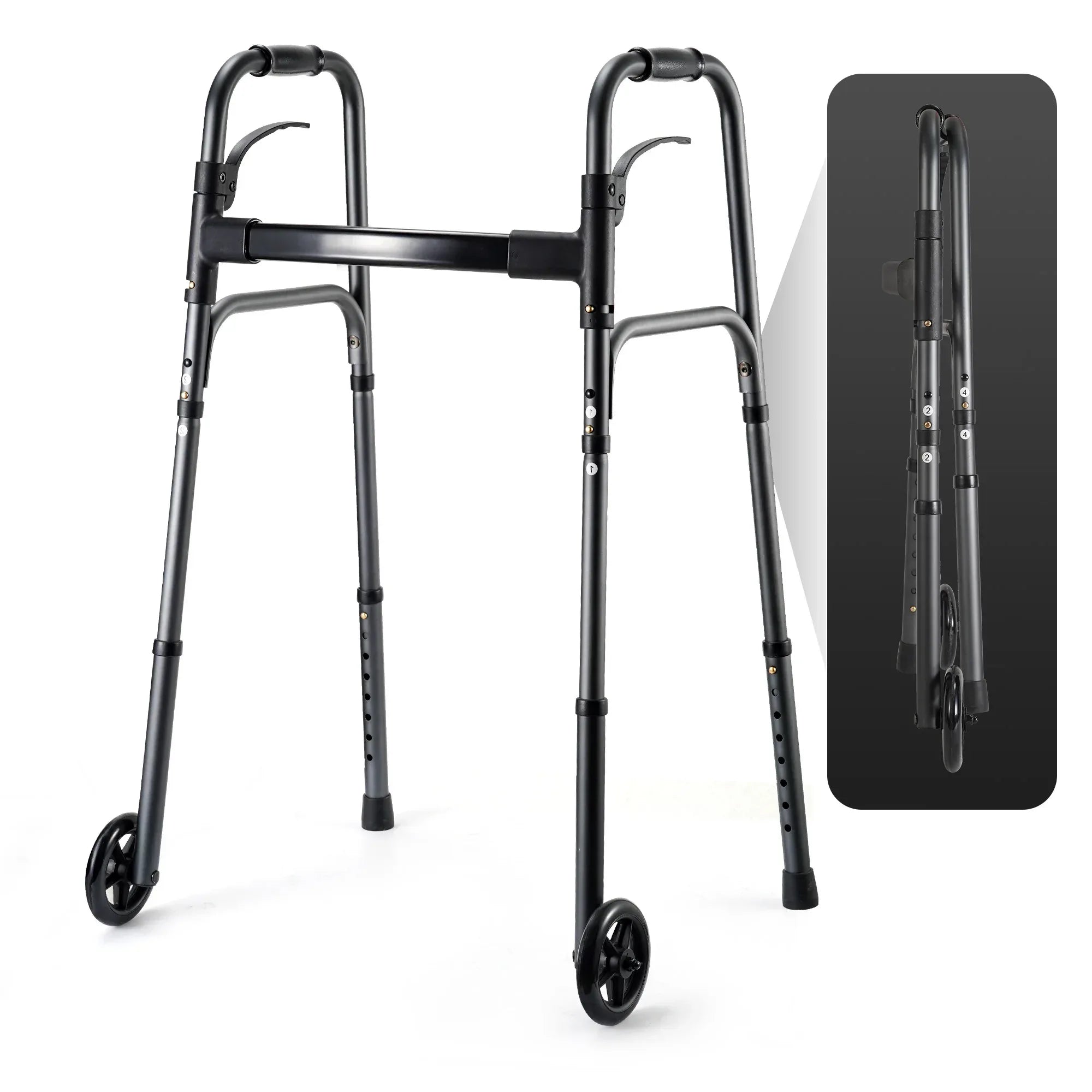 Naipo Compact Folding Walker for Seniors & Adults, Deluxe Lightweight Mobility Aids Walker with 5" Wheels and Trigger Release up to 300 lbs, Aluminium
