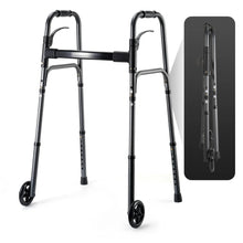 Folding rollator walker with black frame, front swivel wheels, and handles