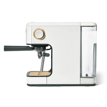 White espresso machine side view with steam wand and drip tray