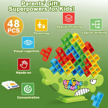 Green dinosaur board game base with multicolor stacking cube blocks, 48 pieces