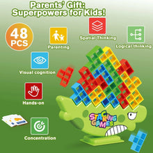 Dinosaur-shaped balance stacking toy with colorful blocks on a green base