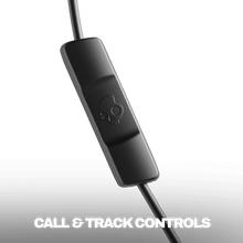 Black inline control module on wired earbud cable