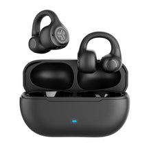 Black open-ear clip earbuds and charging case, earbuds resting above the case