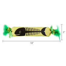 Plush fish bone cat kicker toy, 18 in long, green pom pom ends and ribbon ties