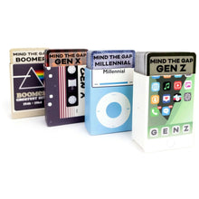 Generation trivia card packs for Boomer, Gen X, Millennial, and Gen Z