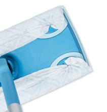Flat mop head with white microfiber cloth pad on blue cleaning base