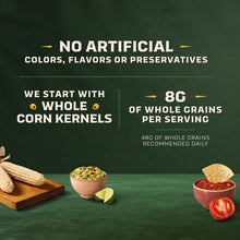 Traditional tortilla chips with dip and whole corn kernels, no artificial colors sign