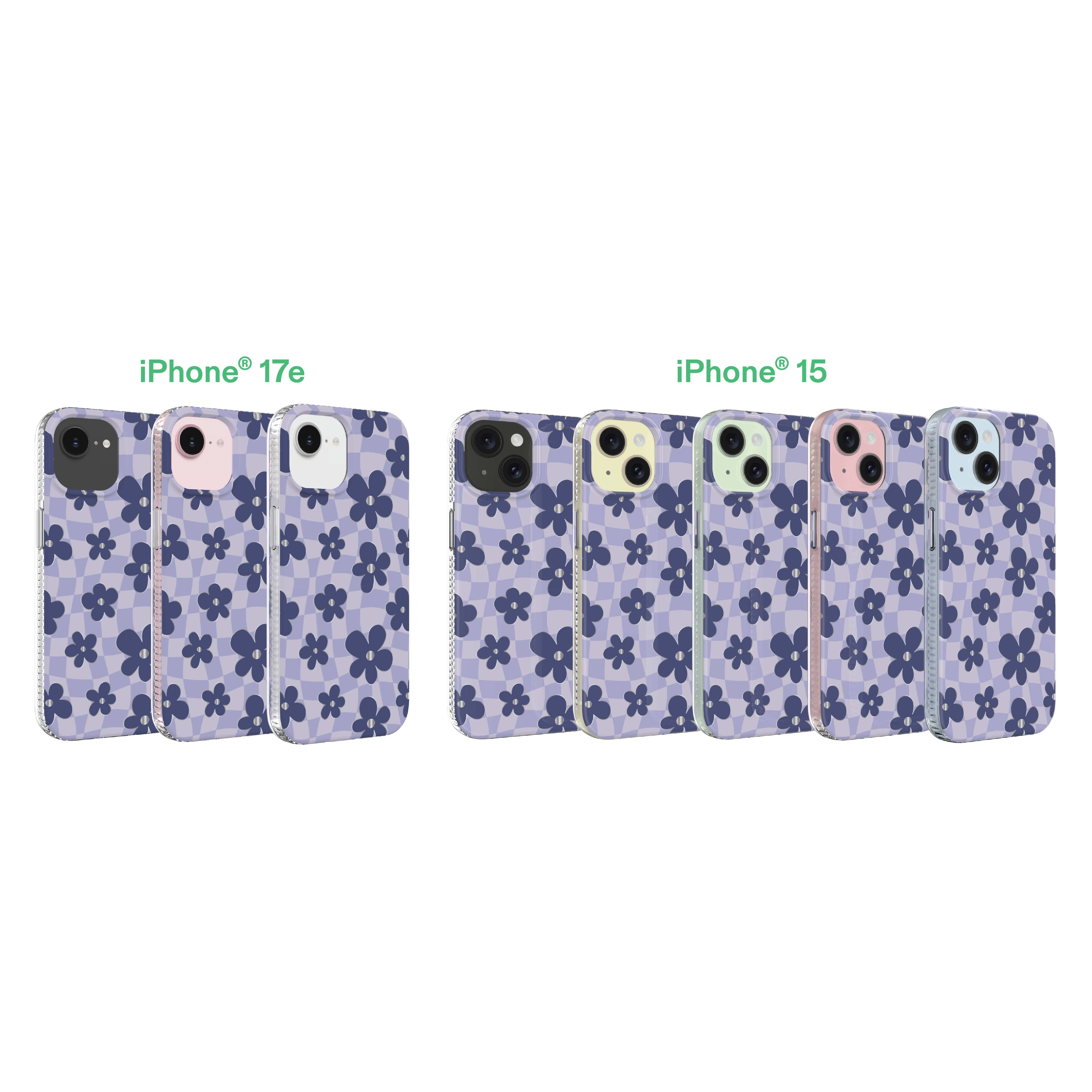 onn Purple Checkered Floral Phone Case for iPhone 17e / iPhone 16e / iPhone 15 / iPhone 14 / iPhone 13