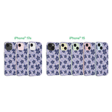 Purple checkered floral phone case shown in multiple sizes with camera openings
