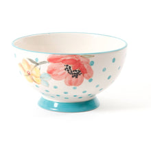 Turquoise foot floral dinner bowl with teal polka dots and pink red blooms