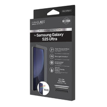 Tempered glass screen protector package for Galaxy S25 Ultra with blue light filtering
