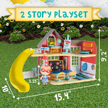 Two-story red dollhouse play set with yellow slide and patio furniture, fox figure