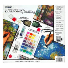 Diamond painting kit contents: diamond wax, stylus, beads, and square canvas