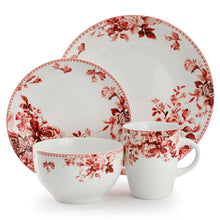 Red rose stoneware dinner plates with matching bowl and mug, white base