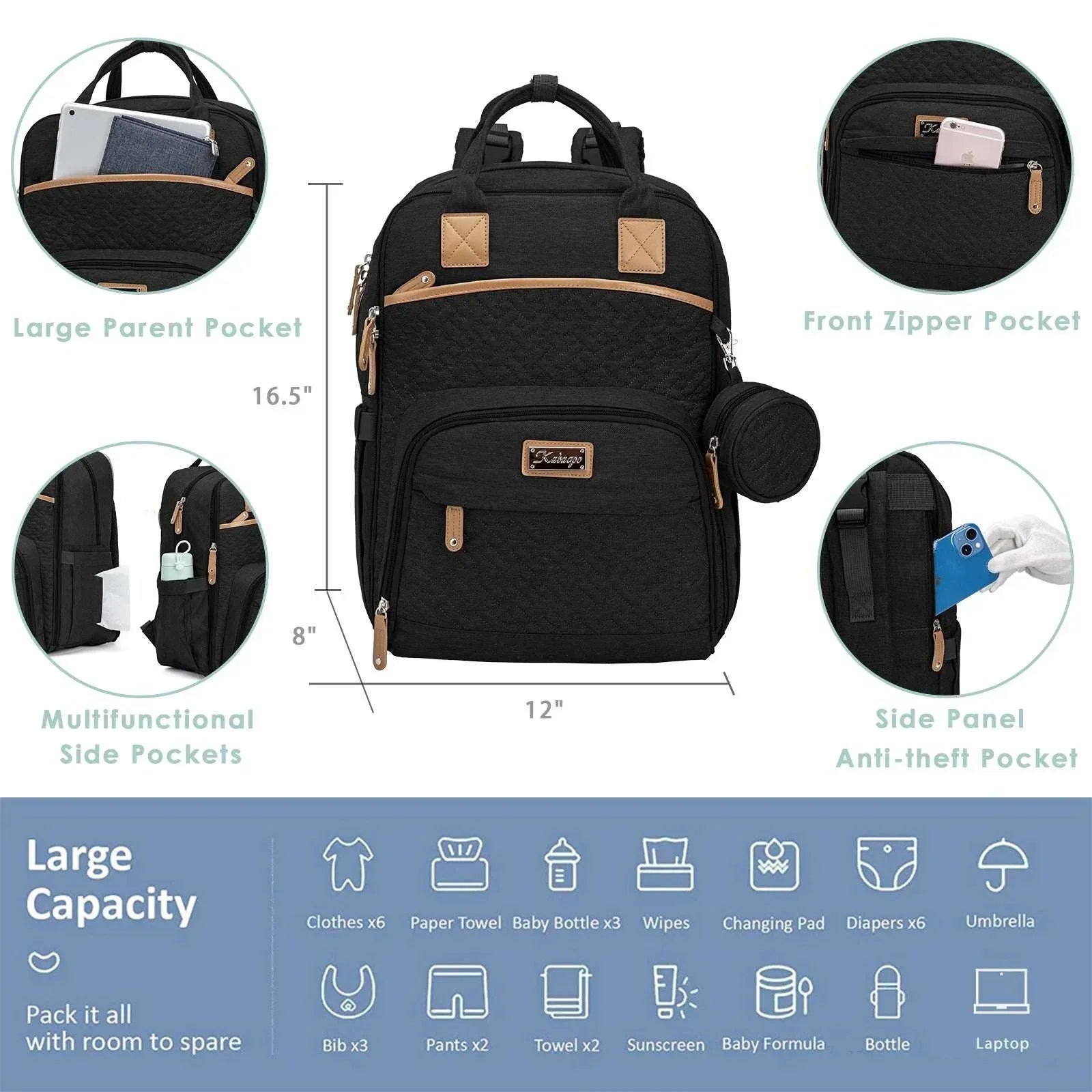 Kabaqoo Large Baby Diaper Backpack, Multifunction Waterproof Mom Bag with Changing Pad, black