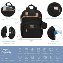 Black diaper backpack with front zip pocket, side pouches, and round insulated bottle holder