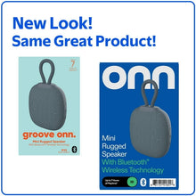 onn mini rugged speaker retail box showing gray speaker with loop handle