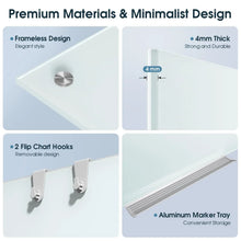 Frameless glass whiteboard with aluminum marker tray and two flip chart hooks