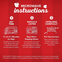Microwave popcorn packaging with “Microwave instructions” steps 1–3