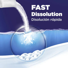 Laundry detergent dissolution graphic with water stream above white powder