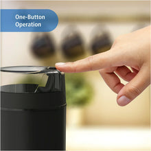 Black electric coffee grinder with one-button operation