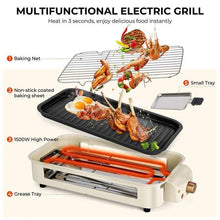Beige indoor electric grill with black nonstick grill plate, small tray, and utensil handles