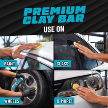 Clay bar kit showing use on car paint, glass, wheels, and headlights