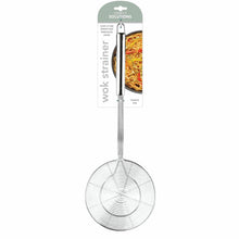 Wok strainer with long metal handle and round wire mesh basket