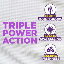 Laundry detergent performance icons: triple power action, blasts away stains, lasting freshness