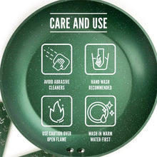 Green nonstick fry pan care instructions panel on cooking surface