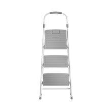 3-step step stool front view with white frame and three gray step platforms