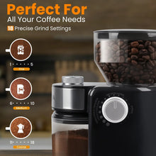 VAVSEA electric burr coffee grinder with adjustable grind dial and clear bean hopper