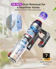 Purple cordless stick vacuum with detachable dust canister and floor brush