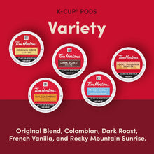 Tim Hortons K-Cup pods in five varieties: Original Blend, Colombian, Dark Roast, French Vanilla, and Rocky Mountain Sunrise