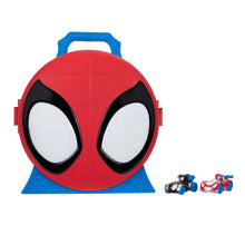 Red action launch carry case with black eye shapes and blue handle, includes mini vehicles