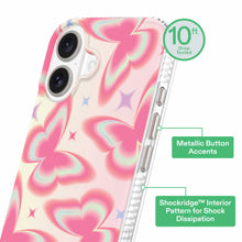 iPhone phone case with pink butterfly pattern and metallic button accents