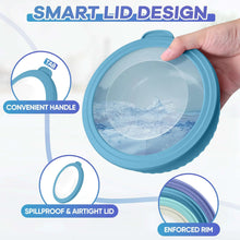 Blue plastic mixing bowl with clear lid and handle, shown with pressed-in cover