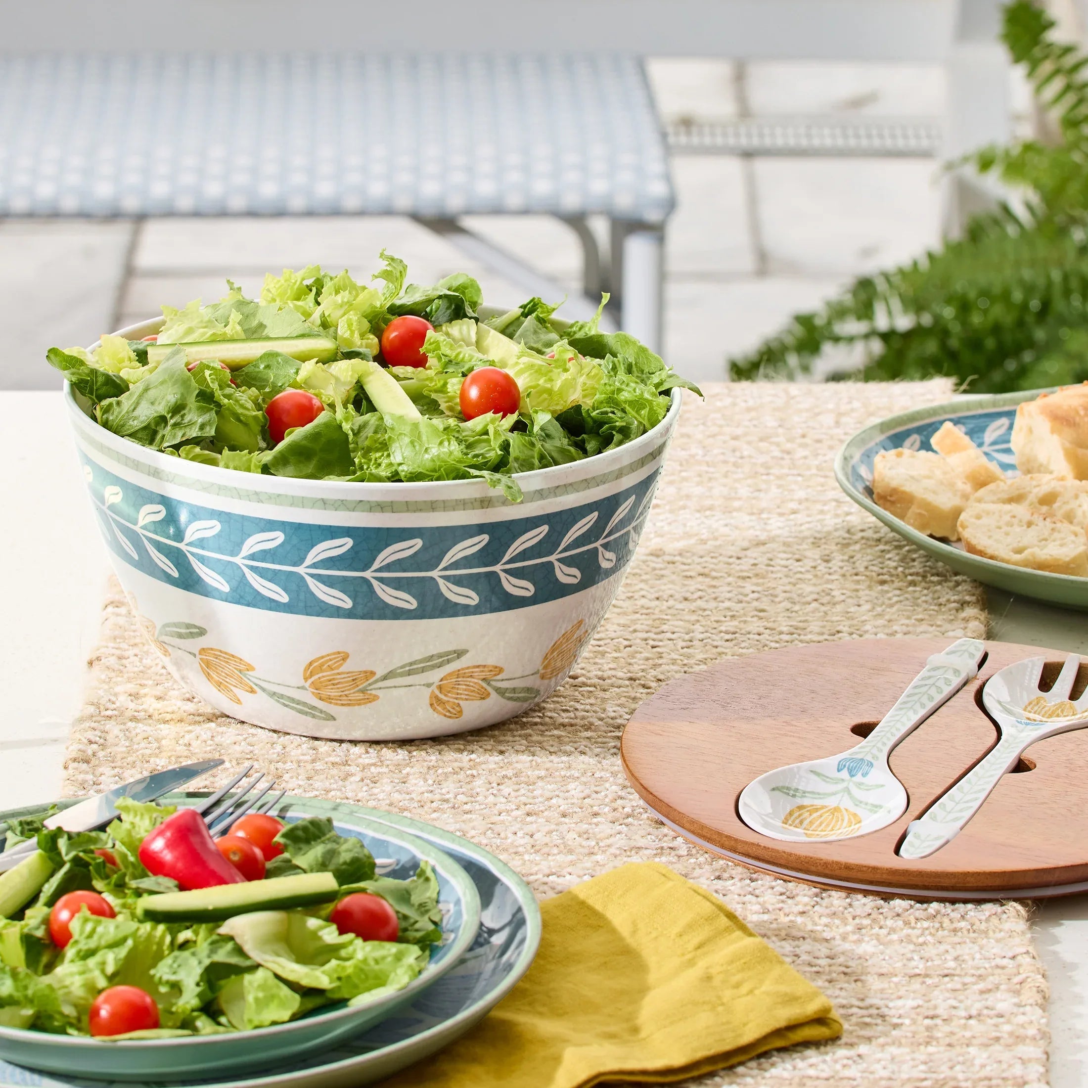 Better Homes and Gardens Bamboo Melamine Floral Salad Bowl with Acacia Lid and Utensil Set