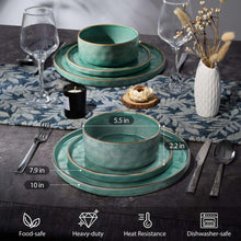 Green ceramic dinnerware set with stacked plates and bowls.