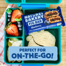 Blueberry fig bar package in a lunch container with strawberries and blueberries