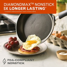 Nonstick frying pan with black handle, holding a fried egg