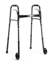 Folding walker with black frame, four wheels, and curved hand grips