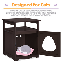 Espresso hidden cat litter box end table with side door open and cat resting inside