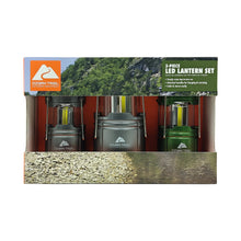 3-piece LED camping lantern set box showing three lanterns in green and gray