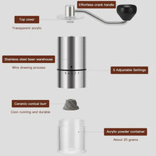 Manual coffee grinder cutaway: ceramic conical burr and acrylic powder container